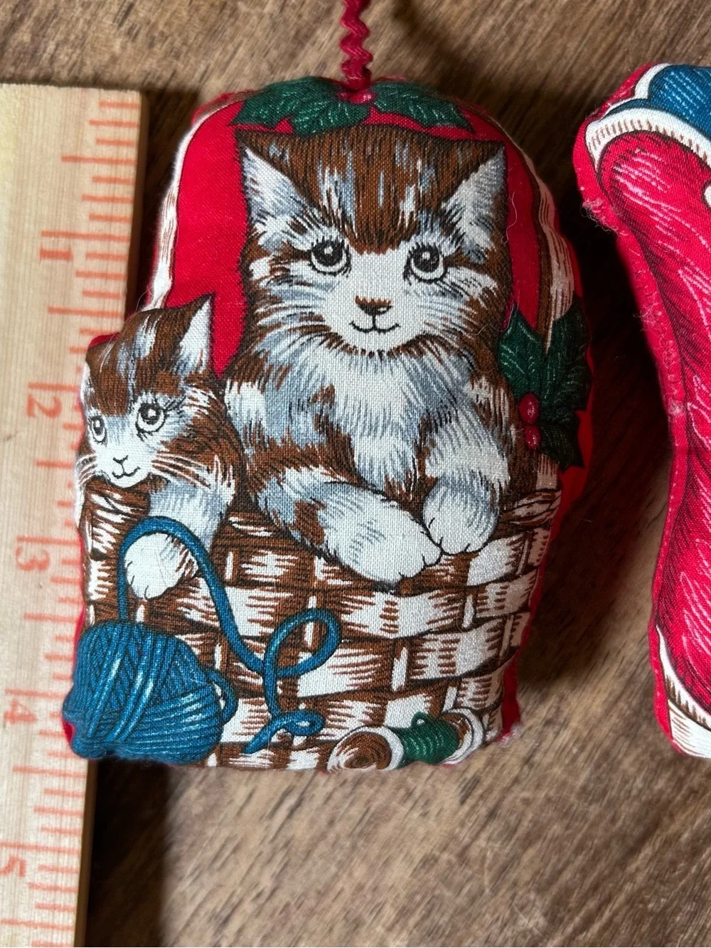 Vtg 80s Lot of 2 Cat Stuffed Fabric Christmas Ornaments Kitten Kitsch Handmade
